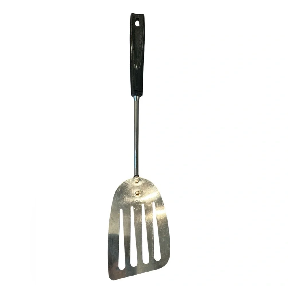 Vintage Ekco Keyhole Slotted Spatula USA Metal Chrome Black Handle 13